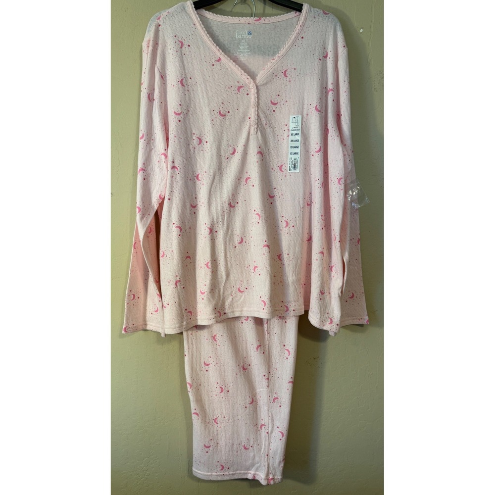 Croft & Barrow Pajama Set Women XXL Pink Celestial Moon Star Pointelle Henley